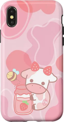 Vista 5 de Funda Kawaii para iPhone 12, diseño de vaca fresa, color rosa