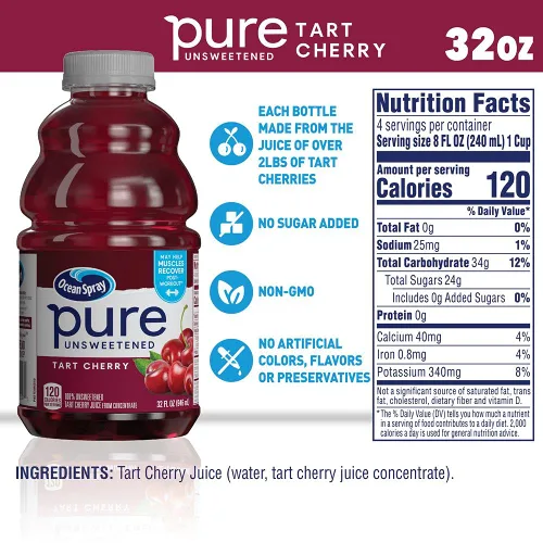 Vista 3 de Ocean Spray® Cereza ácida pura sin azúcar, 100% jugo de cereza ácida, botella de 32 onzas líquidas (paquete de 8)
