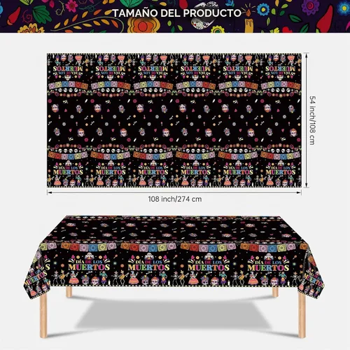 Vista 3 de 2 Piezas Mantel del Día de los Muertos - Mantel de Plástico Dia De Los Muertos, Mantel Desechable con Calavera de Azúcar Floral Cubierta de Mesa