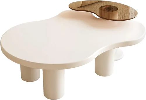 Vista 6 de Juego de 2 mesas de centro anidables modernas, con forma de nube irregular, color blanco crema, mesas centrales que ahorran espacio para sala