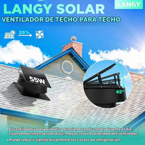 Vista 4 de LANGY Ventilador solar para ático con termostato, ventilador de ventilación solar de techo con panel solar de 55 W, ventilador de escape de techo