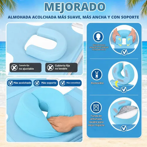 Vista 4 de Silla de bronceado de playa con mochila y toldo con protección solar y orificio para la cara, silla de sol plegable de 6 posiciones para adultos