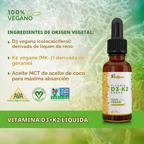 Vista 2 de Gotas líquidas veganas Vitamina D3 K2 (MK7) – Vitamina D líquida 100% a base de plantas mejorada con aceite de coco para una máxima absorción – 1