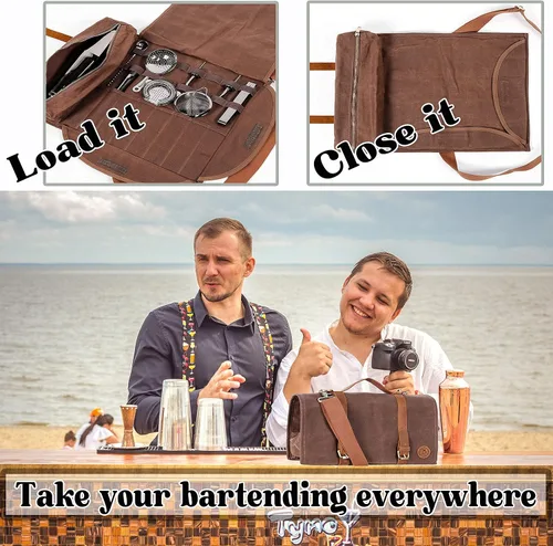 Vista 3 de Bolsa para herramientas de barman de Beemojo, de lona encerada, resistente al agua, con correas ajustables para el hombro, asas de cuero genuino, 16