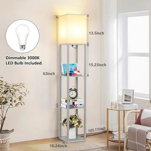 Vista 4 de FOLKSMATE Lámpara de pie LED con estantes, moderna lámpara de pie regulable con 2 puertos USB y 1 toma de corriente, lámparas altas de esquina