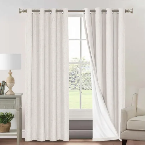 Vista 97 de Cortinas con textura de lino 100% opacas de 64 pulgadas de largo, juego de 2 paneles de cortinas de lino opacas con forro aislante térmico que Arena