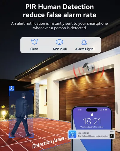Vista 6 de Cámara solar inalámbrica para exteriores, 2 cámaras solares de doble lente de 4MP+ 4MP para sistema de seguridad del hogar con monitor de 12