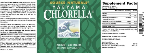 Vista 4 de Source Naturals Yaeyama Chlorella 200mg Algas Superalimento Suplemento Nutricional Fuente de B-12, Hierro, Proteína y Vitamina A - 600 Tabletas