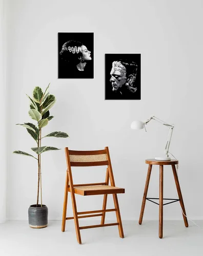 Vista 4 de Juego de 2 lienzos artísticos de pared para parejas de Frankenstein de Halloween de 11 x 14 pulgadas, juego de 2 decoraciones para el hogar, sala