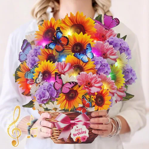 Vista 13 de MZD8391 Tarjetas de cumpleaños con música y luces, tarjeta de feliz cumpleaños, oso y margarita, ramo de flores de tamaño natural de 10 pulgadas