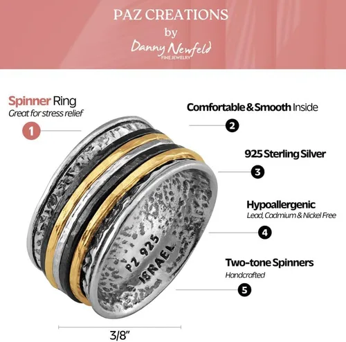 Vista 3 de Paz Creations - Anillos giratorios de plata de ley 925 para mujeres y hombres, anillo de meditación de banda gruesa con patrón martillado, joyería