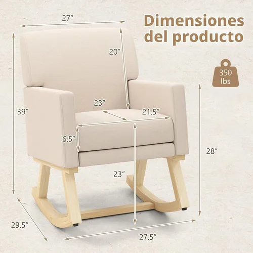 Vista 3 de Giantex Mecedora tapizada, mecedora de guardería con respaldo ampliado, funda de cojín lavable a máquina, marco de madera de goma maciza, silla