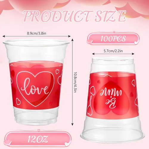 Vista 2 de Meanplan 100 vasos de plástico de San Valentín de 12 onzas a granel, vasos de San Valentín a granel, vasos de corazón rosa, suministros de fiesta