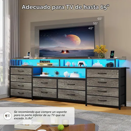 Vista 7 de HAUOMS Soporte de TV Cómoda para TV de 65 Pulgadas, 63" de Ancho con Luces LED y Tomas de Corriente, Cómoda Larga Gris con 12 Cajones de Tela
