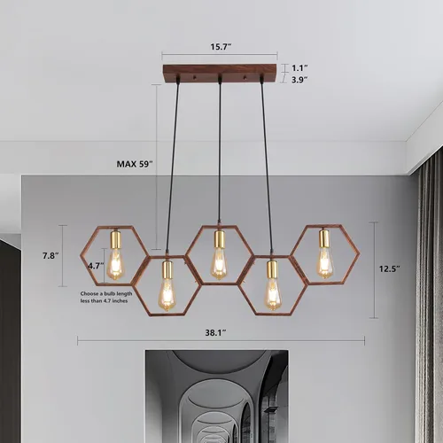 Vista 4 de Iluminación industrial de isla de cocina de 5 luces, lámparas rústicas para comedor, lámpara de granja, lámpara colgante de techo de madera