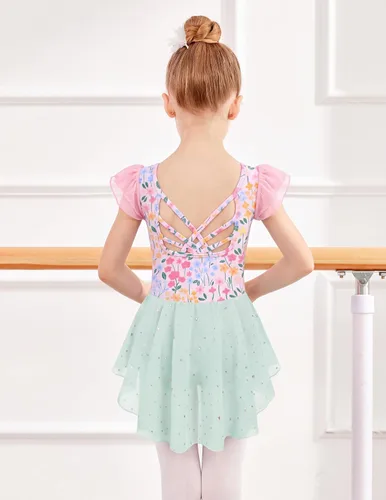 Vista 2 de Arshiner - Malla de ballet con mangas de volantes brillantes y falda con espalda cruzada para niñas Floral rosa aguamarina