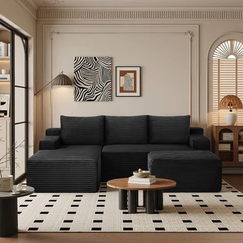 Vista 9 de Sofá modular moderno de 96 pulgadas para sala de estar, sofá modular tapizado sin hueso con bolsillos, cómodo sofá nube con diván en forma de L Negro