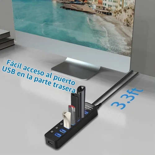 Vista 5 de Extensor USB Hub 3.0 alimentado, divisor de concentrador de múltiples puertos para computadora portátil con adaptador de corriente y puerto de 7