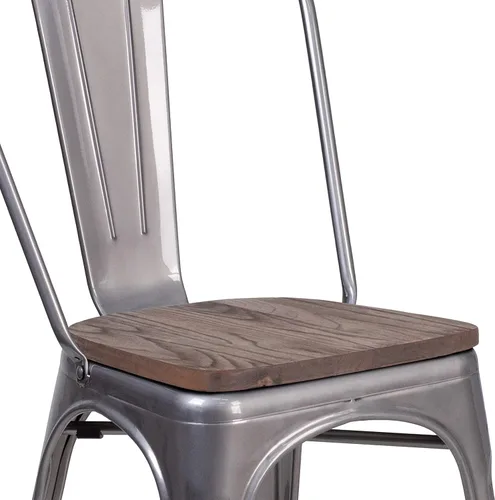 Vista 9 de Merrick Lane Silla de comedor apilable con respaldo de listones verticales de metal, marco recubierto transparente, asiento de madera de olmo