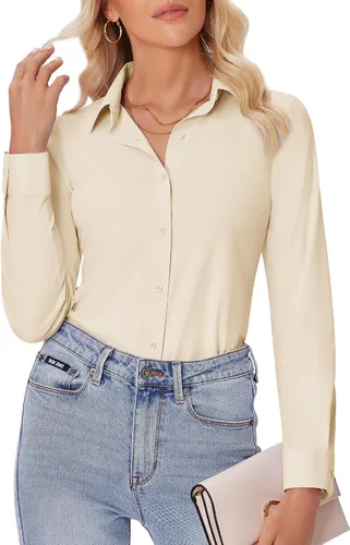 Vista 18 de siliteelon Camisas con botones para mujer, ajustadas, de manga larga, elásticas, de vestir, camisas de trabajo, sin arrugas, blusas de oficina