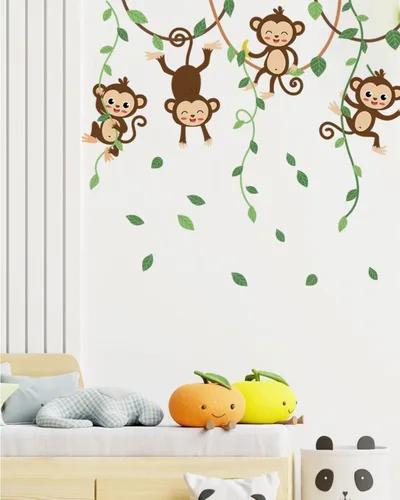 Vista 6 de Calcomanías de pared de monos trepadores de vides verdes, calcomanías de vinilo removibles de animales de la selva, calcomanías murales