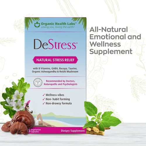 Vista 4 de DeStress Cápsulas totalmente naturales, sin somnolencia con vitaminas B, magnesio, Ashwagandha y L-teanina, 30 cápsulas vegetales - Organic Health