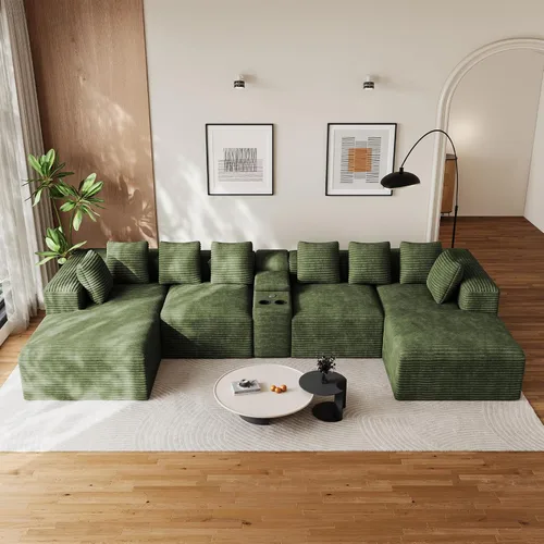 Vista 21 de Sofás seccionales en forma de U de gran tamaño de 131 pulgadas para sala de estar, cómodo sofá modular de pana esponjosa beige sin hueso, sofá