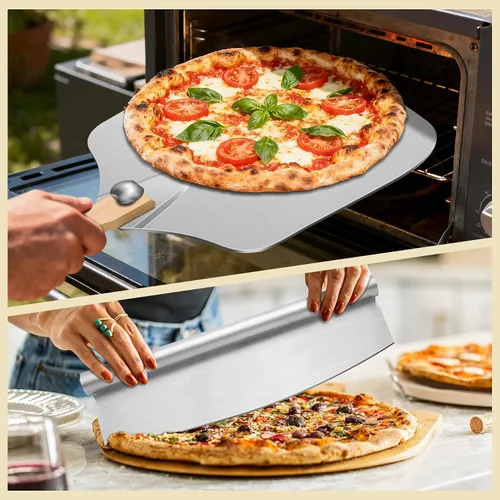Vista 5 de MOVNO - Espátula de aluminio para pizza, pala de pizza de metal de 12 pulgadas (12 x 14 pulgadas) con cortador basculante, mango de madera plegable