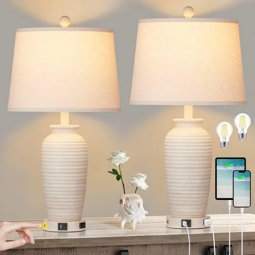 Vista 8 de CINSARY Juego de 2 lámparas de mesa con tarro de granja de 25 pulgadas, control táctil de 3 vías, lámparas de noche rústicas con puertos USB A+C