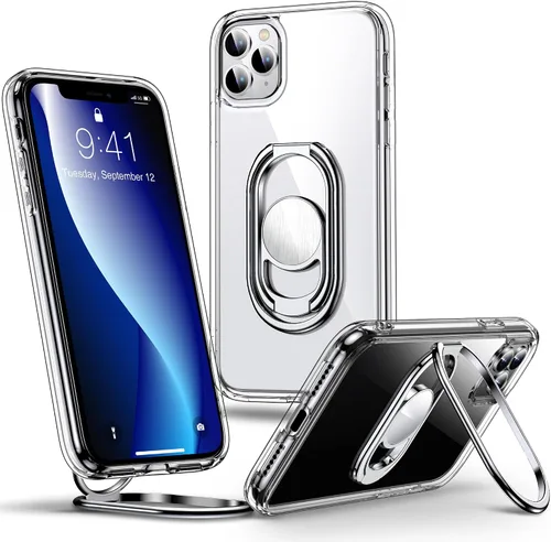 Vista 9 de Shields Up - Funda para iPhone 11 con soporte, soporte de 2 vías, color negro transparente Double Ring Holder, Adjustable & Foldable, Shockproof