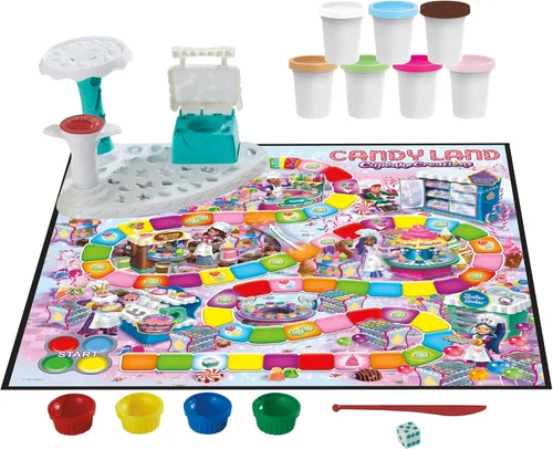 Vista 4 de Hasbro Gaming Candy Land Cupcake Creations, juego de mesa para niños con 7 latas y herramientas Play-Doh