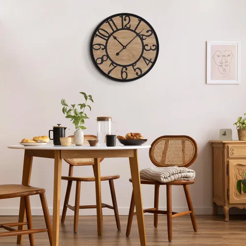 Vista 4 de Reloj de pared Maxstar para sala de estar, de metal y madera, rústico silencioso estilo granja con números arábicos, relojes de pared decorativos