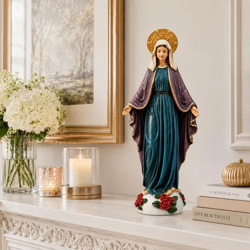 Vista 3 de Comfy Hour Mary - Estatua de Virgen María de 9 pulgadas, decoración católica de la Madre Bendita con rosas, escultura religiosa de poliresina