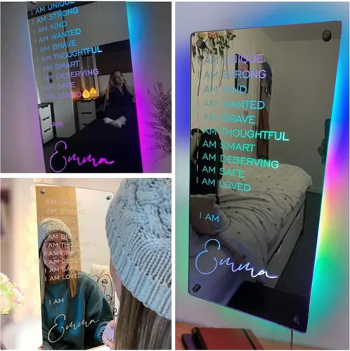 Vista 6 de Espejo de luz LED de neón personalizada de Affirmations "I Am - Decoración de pared con nombre personalizado para dormitorio, espejo LED