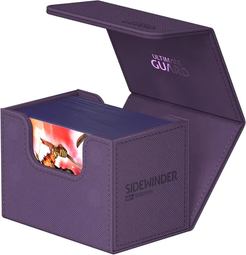 Vista 3 de Ultimate Guard Sidewinder 80+, caja de almacenamiento para 80 cartas TCG con doble funda, púrpura, cierre magnético y forro interior de microfibra