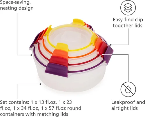 Vista 4 de Joseph Joseph Nest Lock - Juego de 8 recipientes redondos de plástico sin BPA con tapas herméticas a prueba de fugas, multicolor