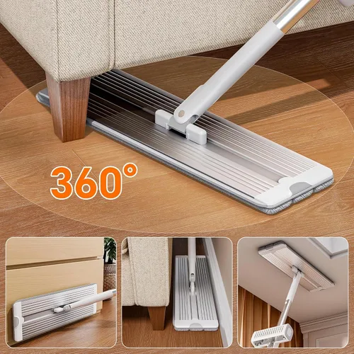 Vista 5 de Trapeador de microfibra autoescurridor, trapeador plano manos libres con hoja para escurrir, panel de aluminio, secado húmedo para apartamentos