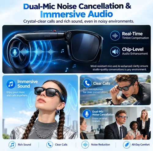 Vista 5 de Lentes inteligentes AI con cámara de 13 MP, audio Bluetooth, control de voz y traducción en tiempo real, gafas inteligentes de oreja abierta