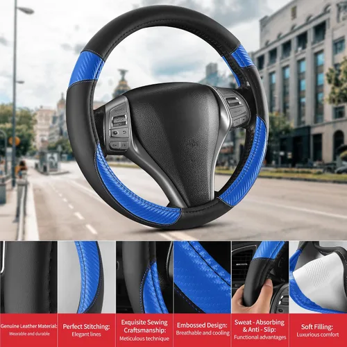 Vista 8 de Funda antideslizante de piel de napa para volante de automóvil, accesorios universales para automóvil para mujeres y hombres, apto para SUV de 14