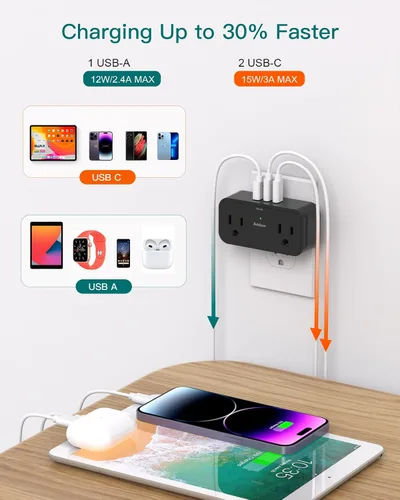 Vista 4 de Accesorios Esenciales para Crucero, Tira de Alimentación para Viajes - Extensor de Enchufes con 4 Salidas de CA, 3 USB (2 USB C), Sin Protector