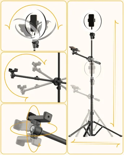 Vista 8 de LUXSURE Anillo de luz con trípode de 62 pulgadas para grabación de video, trípode de luz de anillo de 10.5 pulgadas para iPhone con 2 posiciones