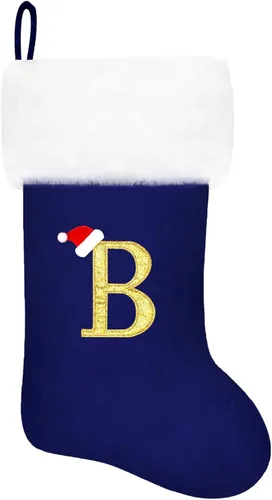 Vista 105 de Calcetines de Navidad bordados de 20 pulgadas con monograma, terciopelo negro con puño de felpa blanca supersuave, adornos clásicos para decoración