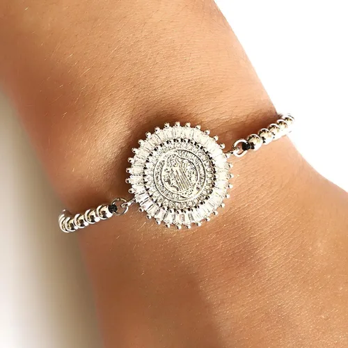 Vista 6 de Pulsera chapada en plata de San Benito para mujer joyería de protección 7 Cristal