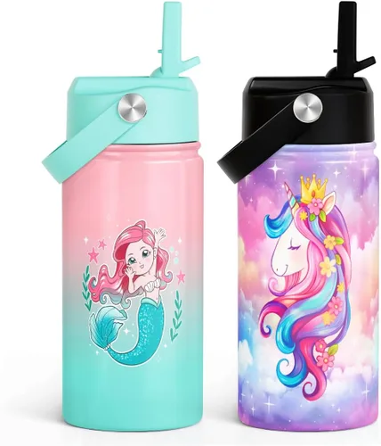 Vista 25 de SANDJEST Botella de agua para niños con tapa con pajilla, botellas de agua de acero inoxidable con aislamiento del alfabeto de 12 onzas para niños
