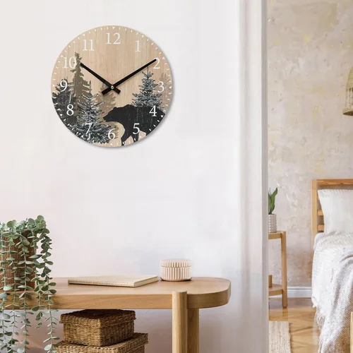 Vista 7 de SwallowLiving Reloj de pared con oso de cabaña, 12 pulgadas, silencioso, sin tictac, bosque de madera, vida silvestre, montaña, cabaña, reloj