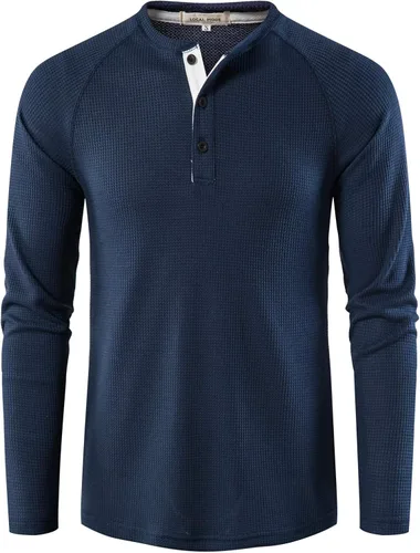 Vista 2 de LOCALMODE Camisetas casuales de manga larga con cuello redondo para hombre de Waffle Henley