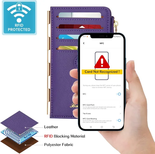 Vista 5 de Badiya Tarjetero de crédito para mujer, con bloqueo RFID, delgada, plegable, con bolsillo con cremallera y 3 ventanas para identificación, Violeta