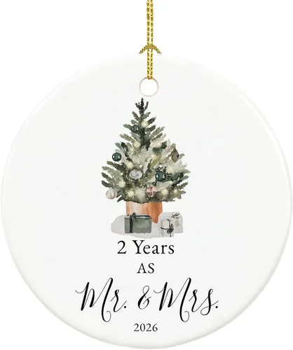 Vista 16 de Adorno de primer aniversario para parejas, recuerdo de boda para 1 año como Sr. y Sra., adorno de Navidad de cerámica con cinta y caja