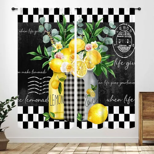 Vista 24 de Cortinas de cocina rústicas, color negro y blanco, tablón de madera con cuchillo y cuchara para barra, bolsillo para barra, tratamiento de ventana