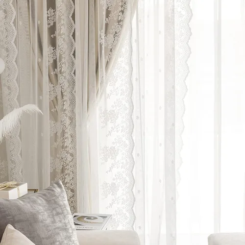 Vista 3 de Cortinas opacas de doble capa para dormitorio, cortina de ventana con ganchos, cortinas bordadas transparentes de tul para sala de estar Beige